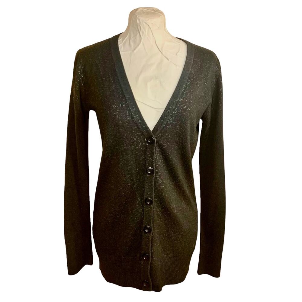 Y2K Deep V-Neck Black Knit Cardigan Sweater SZ L Sparkle Whimsigoth Fairygoth